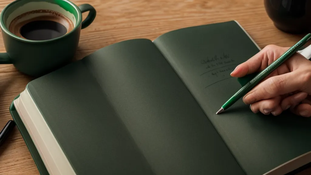 Primer plano de manos escribiendo en un cuaderno verde bajo la luz de una lámpara.