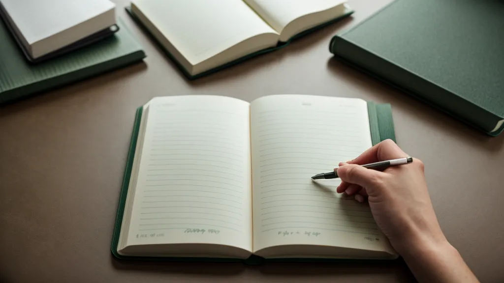 Primer plano de una mano escribiendo reflexiones en un cuaderno verde bajo luz cálida.